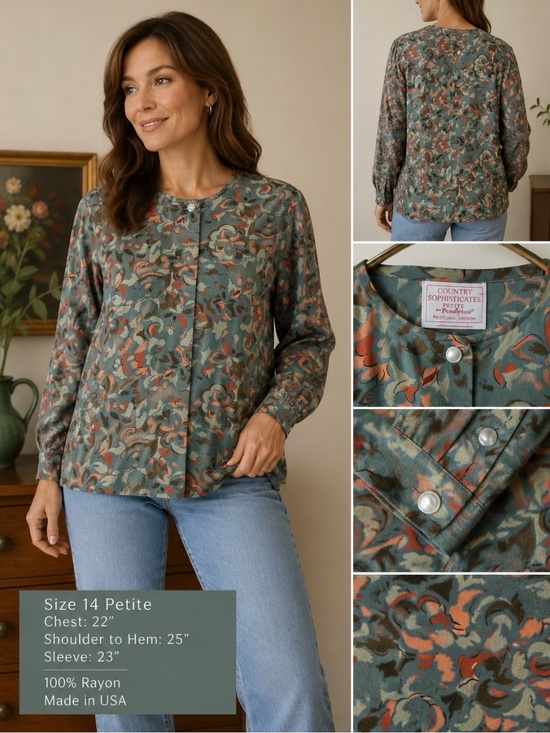 Pendleton Tops - Country Sophisticates Petite by Pendleton Floral Rayon Jacket Blouse Size 14 USA